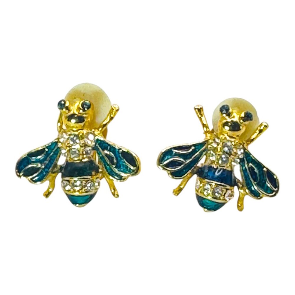 Vintage Bee Shaped Gold-Tone Clip-On Earrings W Rhinestones & Enamel Accents - Picture 7 of 8